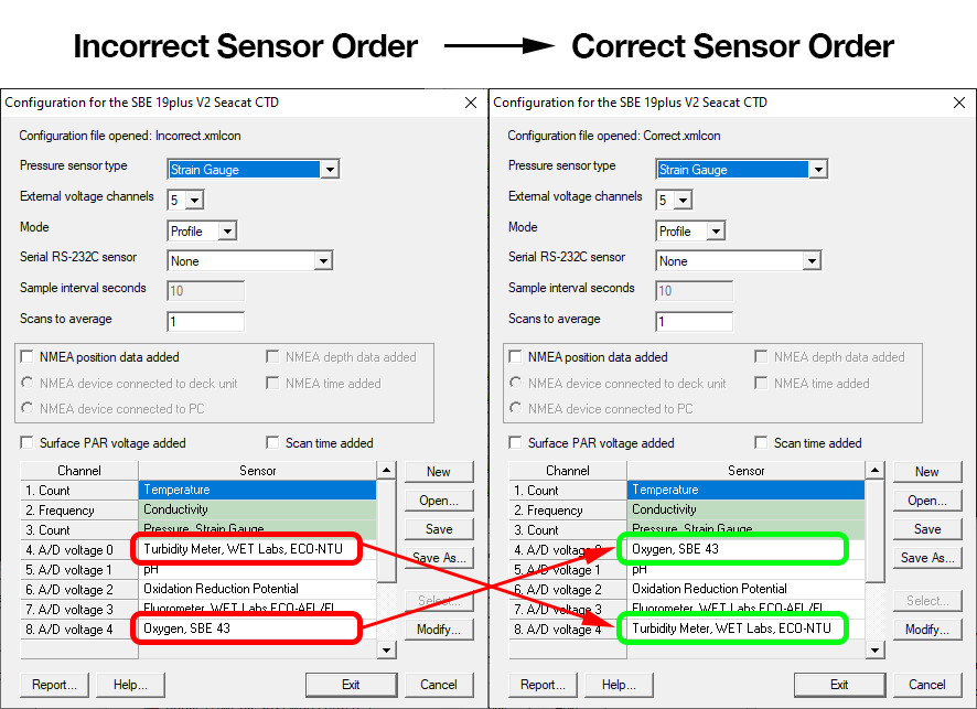 corrections to sensor order in an .xmlcon configuration file
